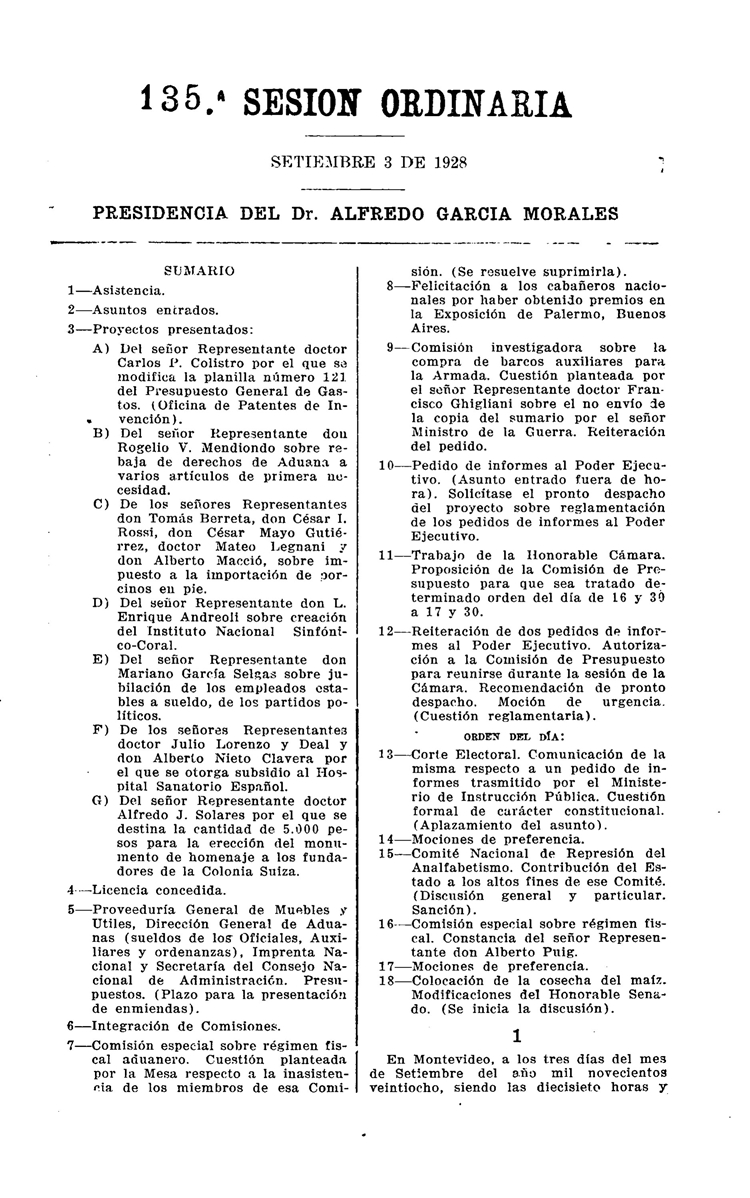 DIARIO DE SESIONES DE LA CAMARA DE REPRESENTANTES del 03/09/1928